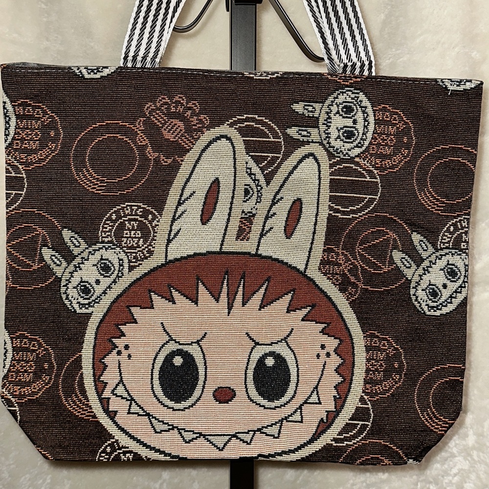 Brown and White Tote Bag with Cartoon Design